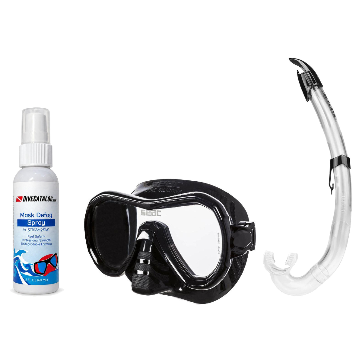 Seac Mask + Snorkel Package – Giglio Adult Mask + Tribe Dry Snorkel + Free Mask Defog Spray — Black, Seac Flash Snorkel