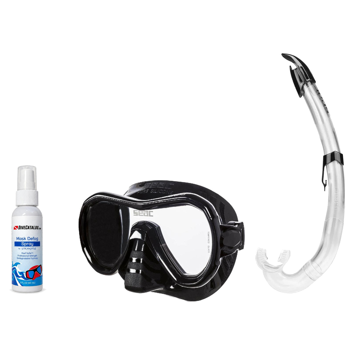 Seac Mask + Snorkel Package – Giglio Adult Mask + Tribe Dry Snorkel + Free Mask Defog Spray — Black, Seac Flash Snorkel