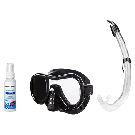Seac Mask + Snorkel Package – Giglio Adult Mask + Tribe Dry Snorkel + Free Mask Defog Spray — Black, Seac Flash Snorkel
