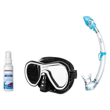 Seac Mask + Snorkel Package – Giglio Adult Mask + Tribe Dry Snorkel + Free Mask Defog Spray — Black/White, Seac Tribe Dry Sc…