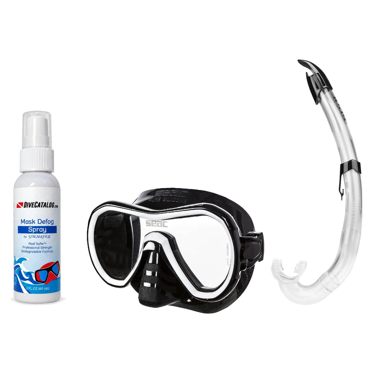 Seac Mask + Snorkel Package – Giglio Adult Mask + Tribe Dry Snorkel + Free Mask Defog Spray — Black/White, Seac Flash Snorkel