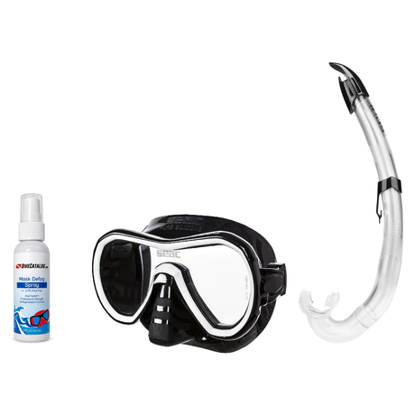 Seac Mask + Snorkel Package – Giglio Adult Mask + Tribe Dry Snorkel + Free Mask Defog Spray — Black/White, Seac Flash Snorkel