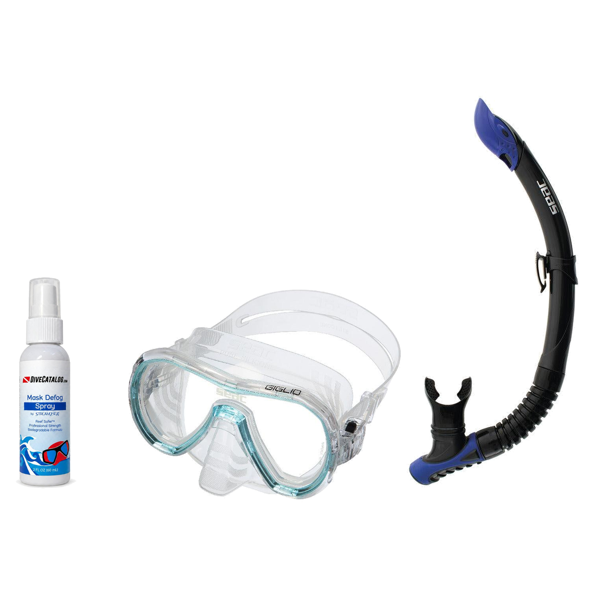 Seac Mask + Snorkel Package – Giglio Adult Mask + Tribe Dry Snorkel + Free Mask Defog Spray — s/kl Aquamarine, Seac Reverse…