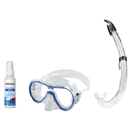 Seac Mask + Snorkel Package – Giglio Adult Mask + Tribe Dry Snorkel + Free Mask Defog Spray — S/kl Blue, Seac Flash Snorkel