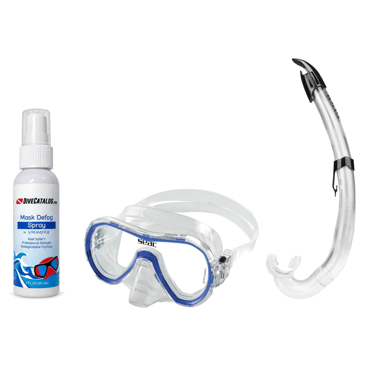 Seac Mask + Snorkel Package – Giglio Adult Mask + Tribe Dry Snorkel + Free Mask Defog Spray — S/kl Blue, Seac Flash Snorkel