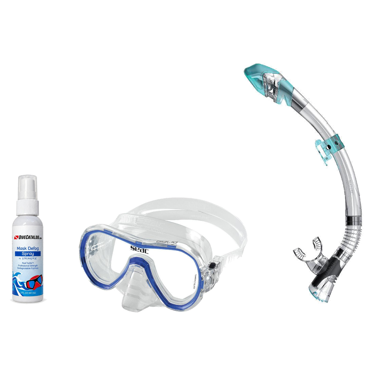 Seac Mask + Snorkel Package – Giglio Adult Mask + Tribe Dry Snorkel + Free Mask Defog Spray — S/kl Blue, Seac Fast Tech Dry…