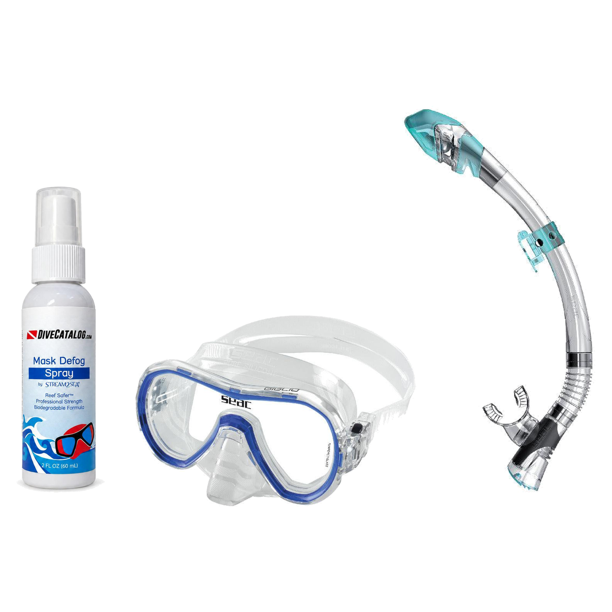 Seac Mask + Snorkel Package – Giglio Adult Mask + Tribe Dry Snorkel + Free Mask Defog Spray — S/kl Blue, Seac Fast Tech Dry…