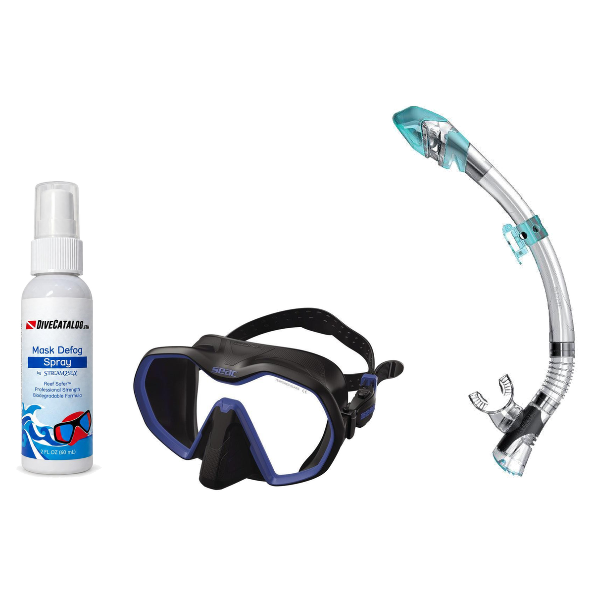 Seac Mask + Snorkel Package – Icona Mask + Reverse Dry Snorkel + Free Mask Defog Spray — Black/Blue, Seac Fast Tech Dry Adul…