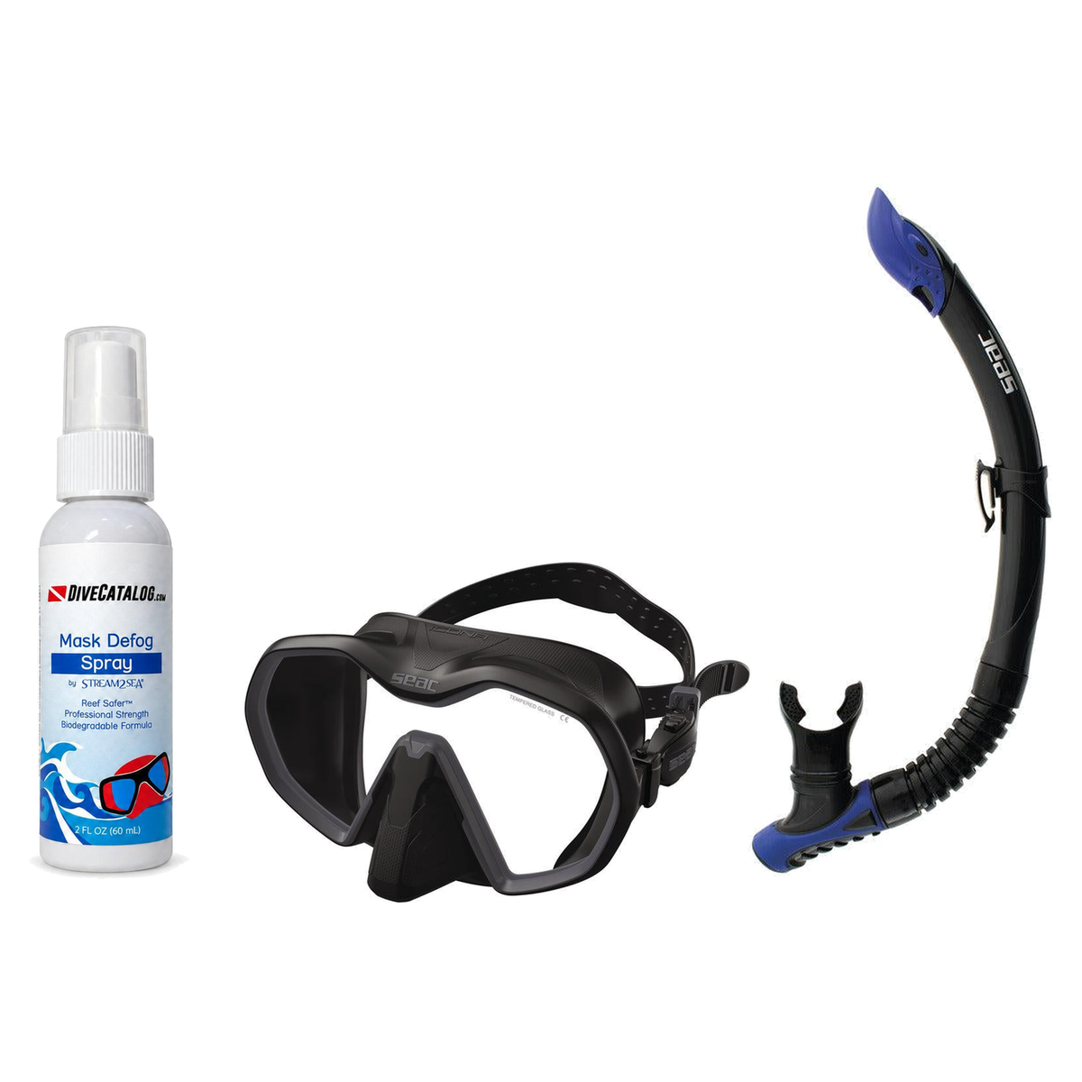 Seac Mask + Snorkel Package – Icona Mask + Reverse Dry Snorkel + Free Mask Defog Spray — Black/Charcoal, Seac Reverse Snorke…