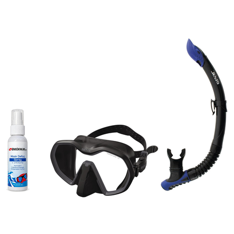 Seac Mask + Snorkel Package – Icona Mask + Reverse Dry Snorkel + Free Mask Defog Spray — Black/Charcoal, Seac Reverse Snorke…