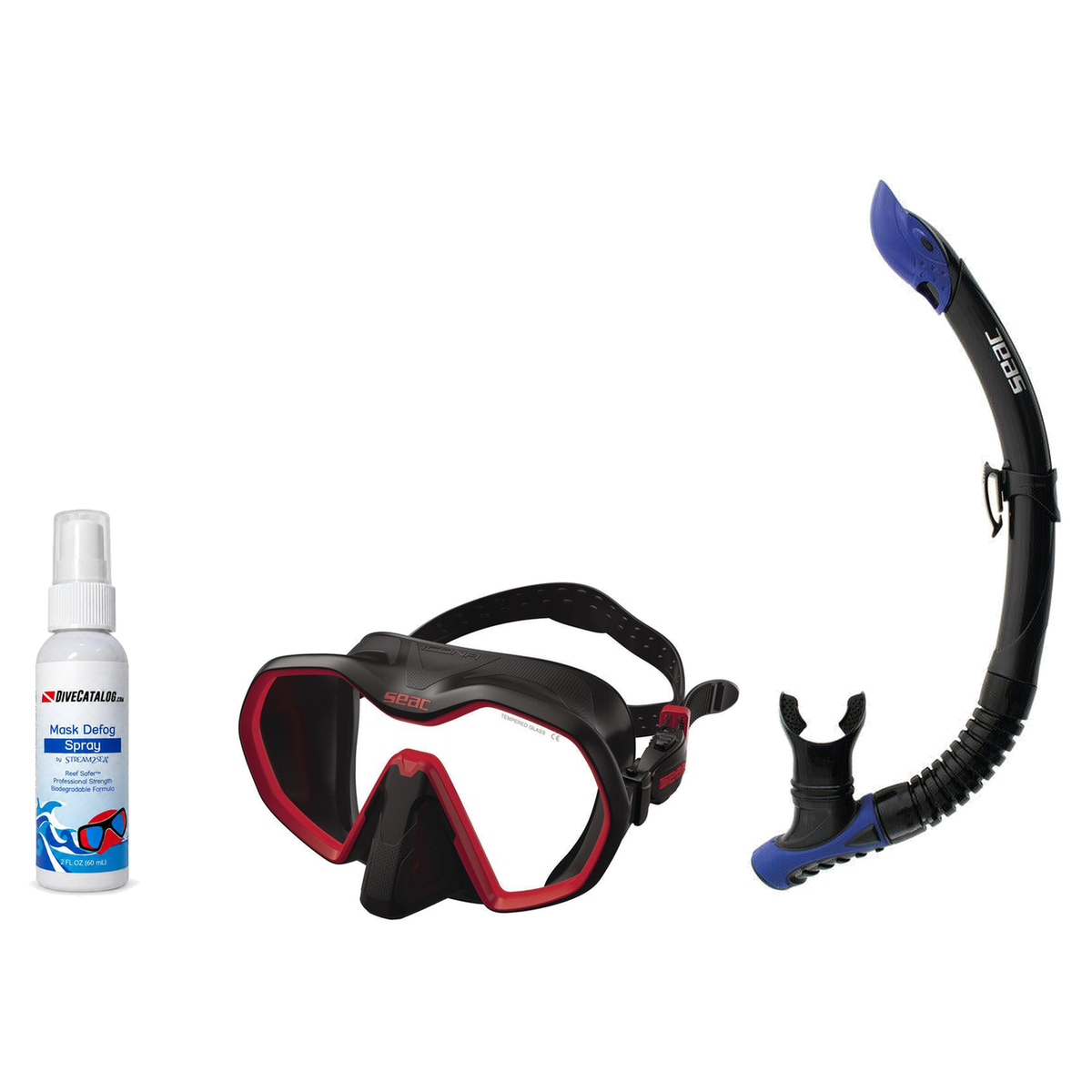 Seac Mask + Snorkel Package – Icona Mask + Reverse Dry Snorkel + Free Mask Defog Spray — Black/Red, Seac Reverse Snorkel Ant…