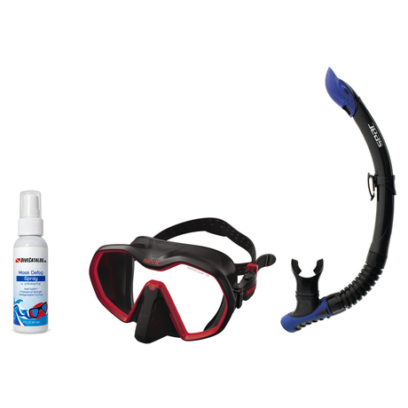 Seac Mask + Snorkel Package – Icona Mask + Reverse Dry Snorkel + Free Mask Defog Spray — Black/Red, Seac Reverse Snorkel Ant…