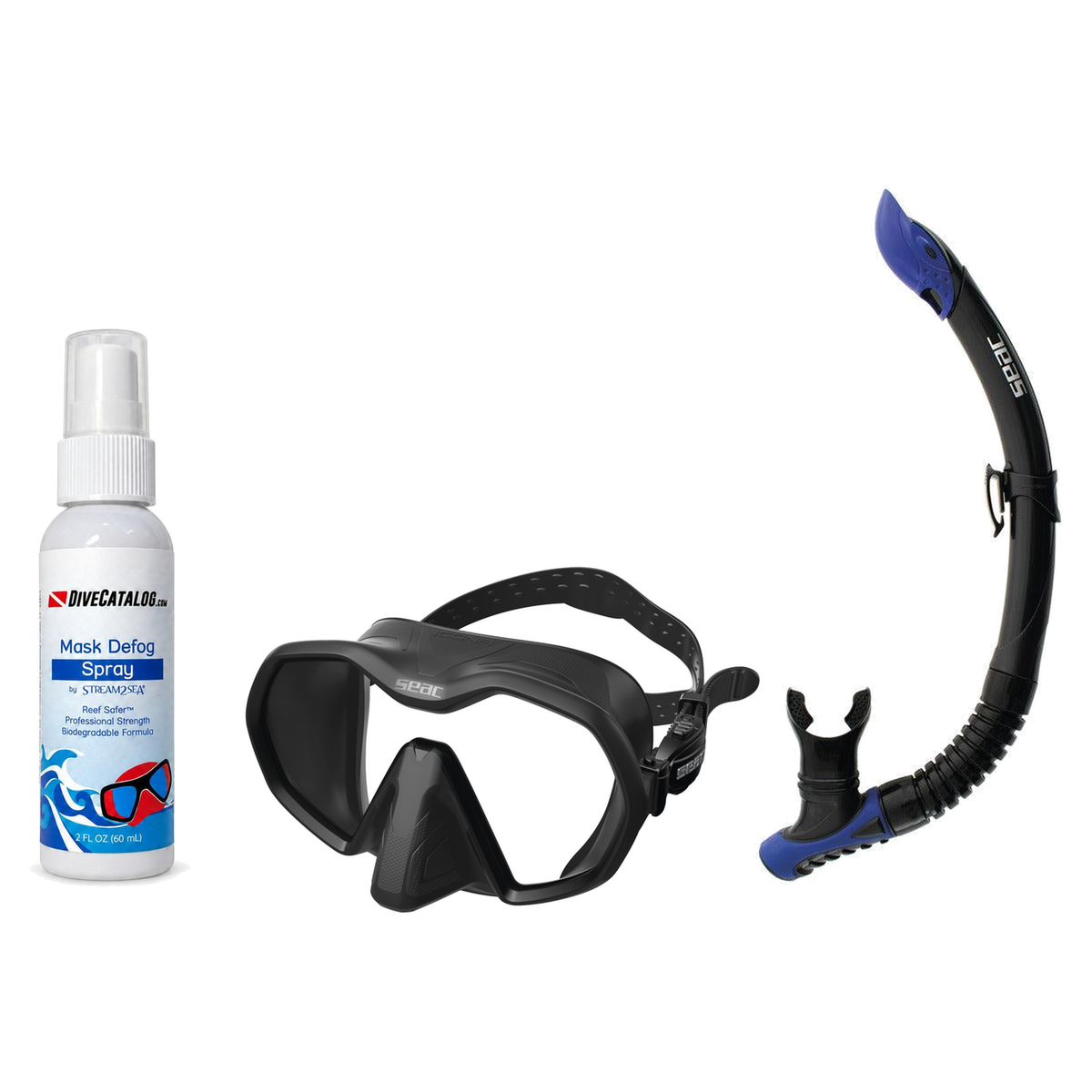 Seac Mask + Snorkel Package – Icona Mask + Reverse Dry Snorkel + Free Mask Defog Spray — Black/Black, Seac Reverse Snorkel A…