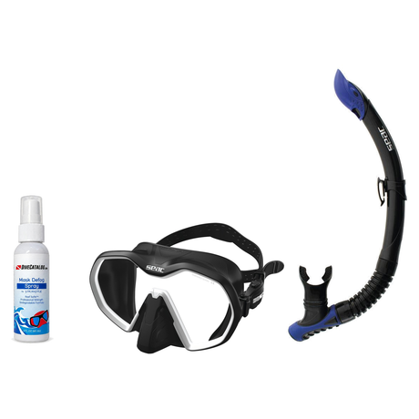 Seac Mask + Snorkel Package – Icona Mask + Reverse Dry Snorkel + Free Mask Defog Spray — Black/White, Seac Reverse Snorkel A…