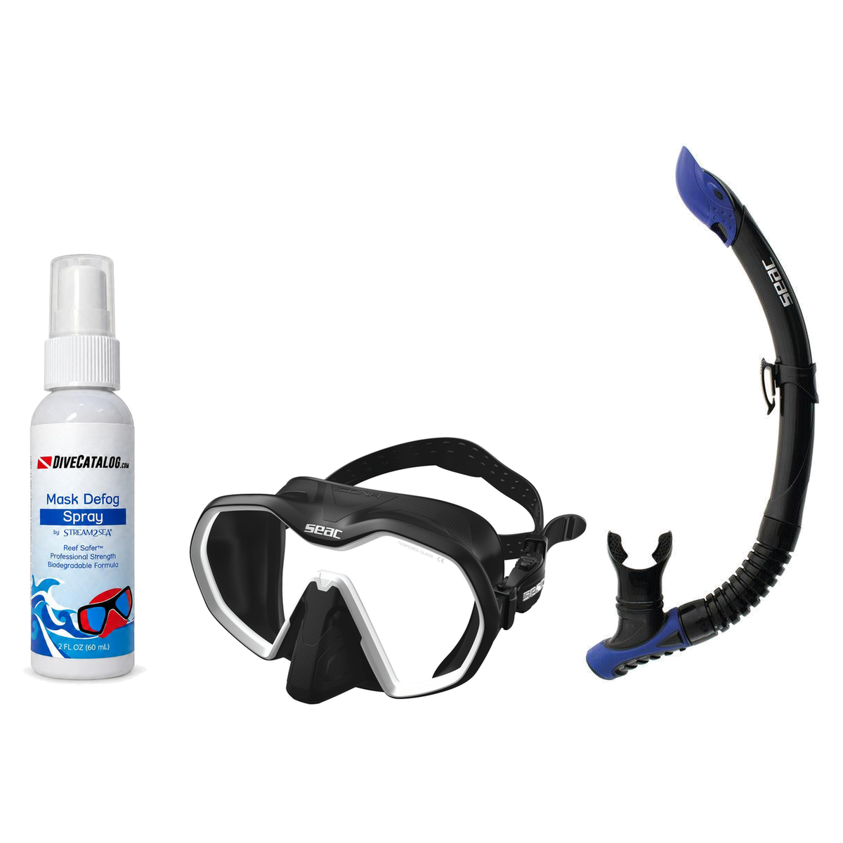 Seac Mask + Snorkel Package – Icona Mask + Reverse Dry Snorkel + Free Mask Defog Spray — Black/White, Seac Reverse Snorkel A…