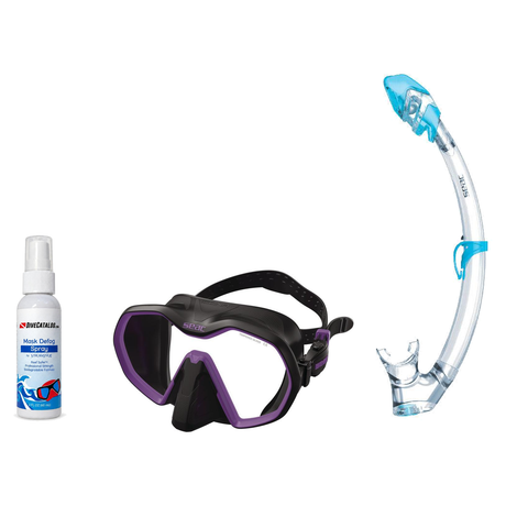 Seac Mask + Snorkel Package – Icona Mask + Reverse Dry Snorkel + Free Mask Defog Spray — Black/Lila, Seac Tribe Dry Scuba Di…