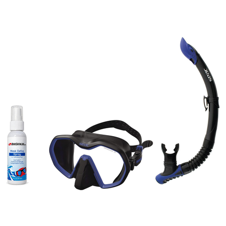 Seac Mask + Snorkel Package – Icona Mask + Reverse Dry Snorkel + Free Mask Defog Spray — Black/Blue, Seac Reverse Snorkel An…