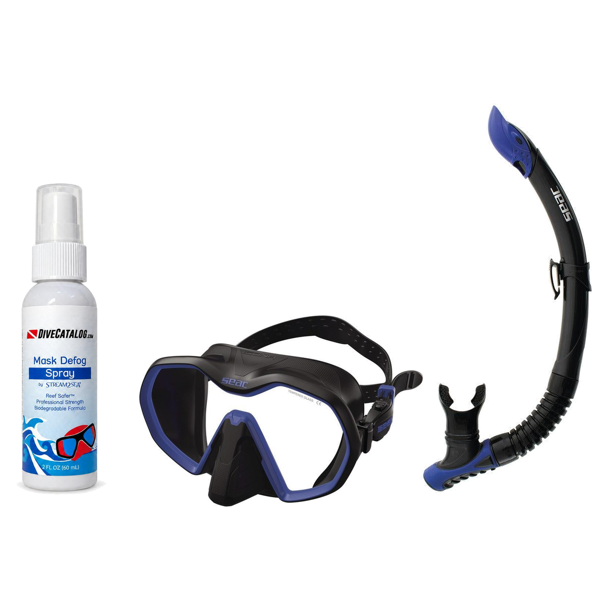 Seac Mask + Snorkel Package – Icona Mask + Reverse Dry Snorkel + Free Mask Defog Spray — Black/Blue, Seac Reverse Snorkel An…