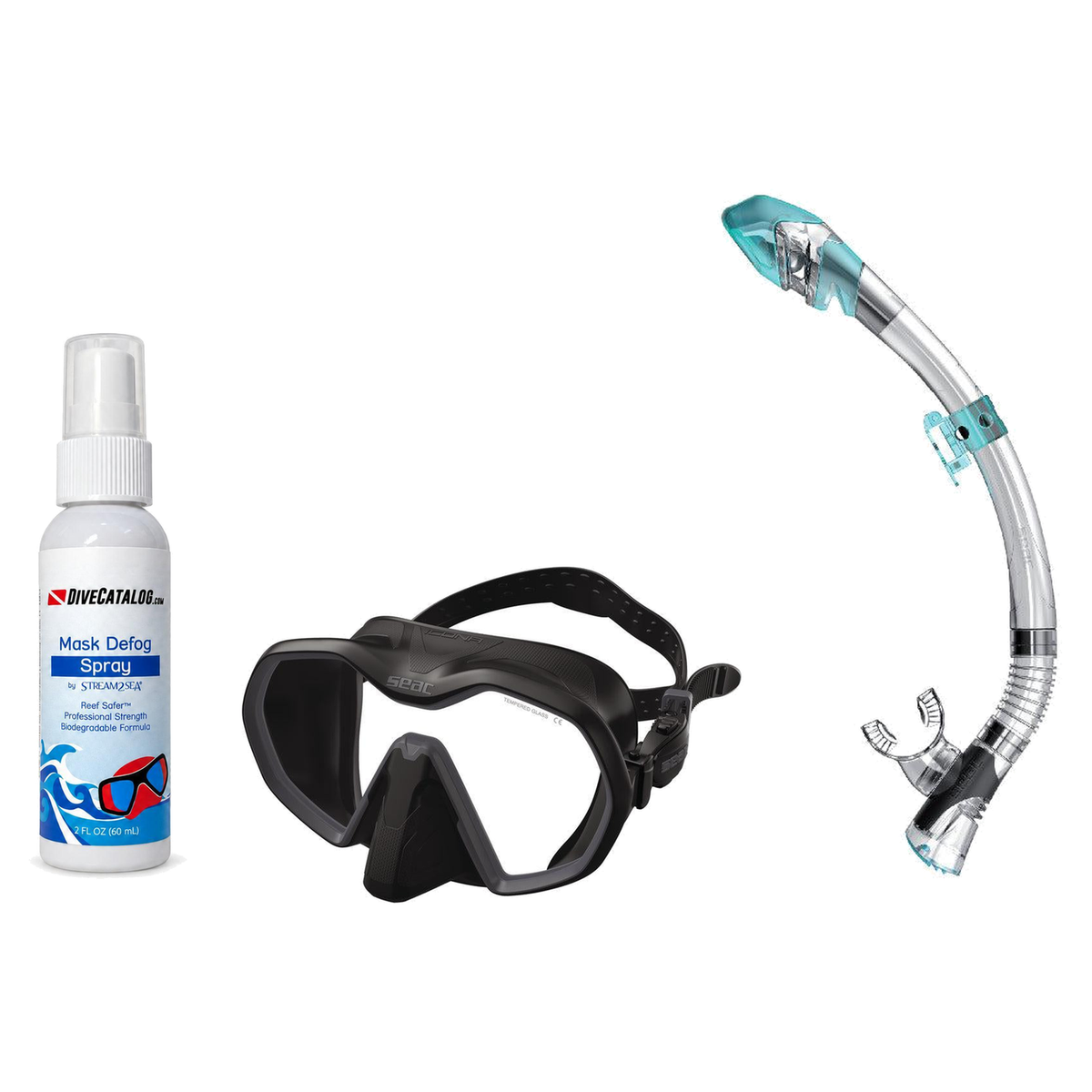 Seac Mask + Snorkel Package – Icona Mask + Reverse Dry Snorkel + Free Mask Defog Spray — Black/Charcoal, Seac Fast Tech Dry…