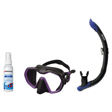 Seac Mask + Snorkel Package – Icona Mask + Reverse Dry Snorkel + Free Mask Defog Spray — Black/Lila, Seac Reverse Snorkel An…