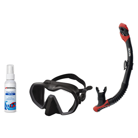 Seac Mask + Snorkel Package – Icona Mask + Reverse Dry Snorkel + Free Mask Defog Spray — Black/Charcoal, Seac Reverse Dry Sn…