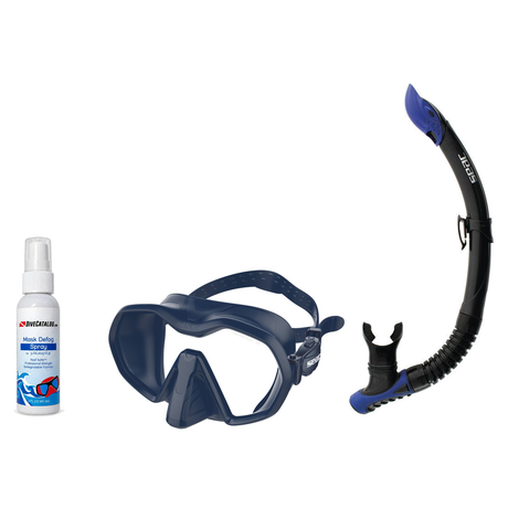 Seac Mask + Snorkel Package – Icona Mask + Reverse Dry Snorkel + Free Mask Defog Spray — Blue/Blue, Seac Reverse Snorkel Ant…