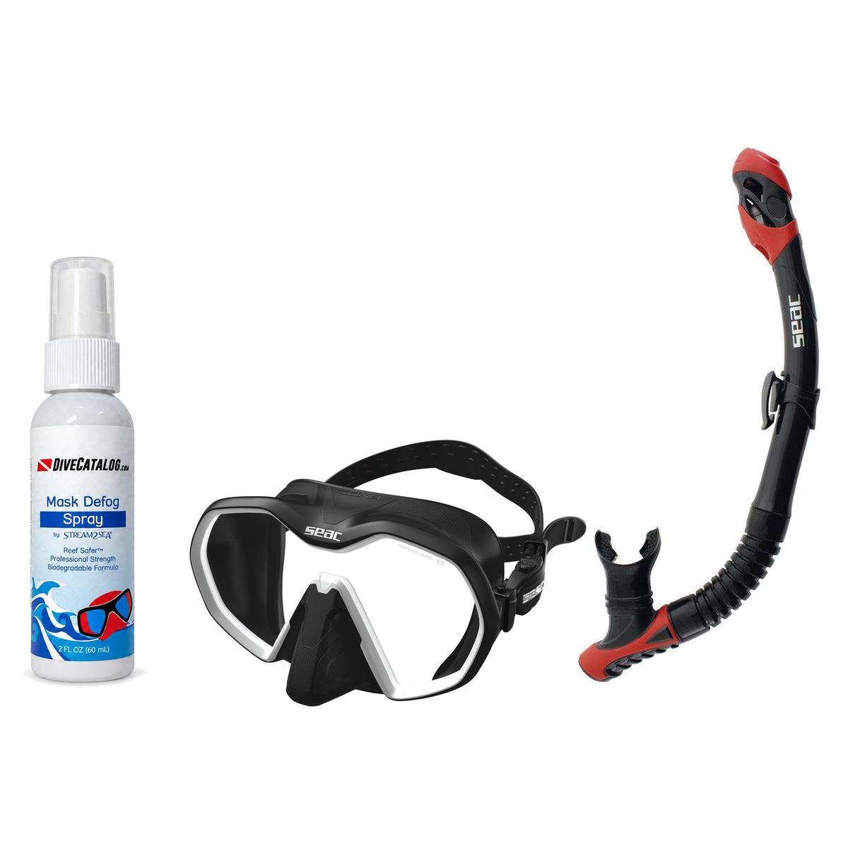 Seac Mask + Snorkel Package – Icona Mask + Reverse Dry Snorkel + Free Mask Defog Spray — Black/White, Seac Reverse Dry Snork…