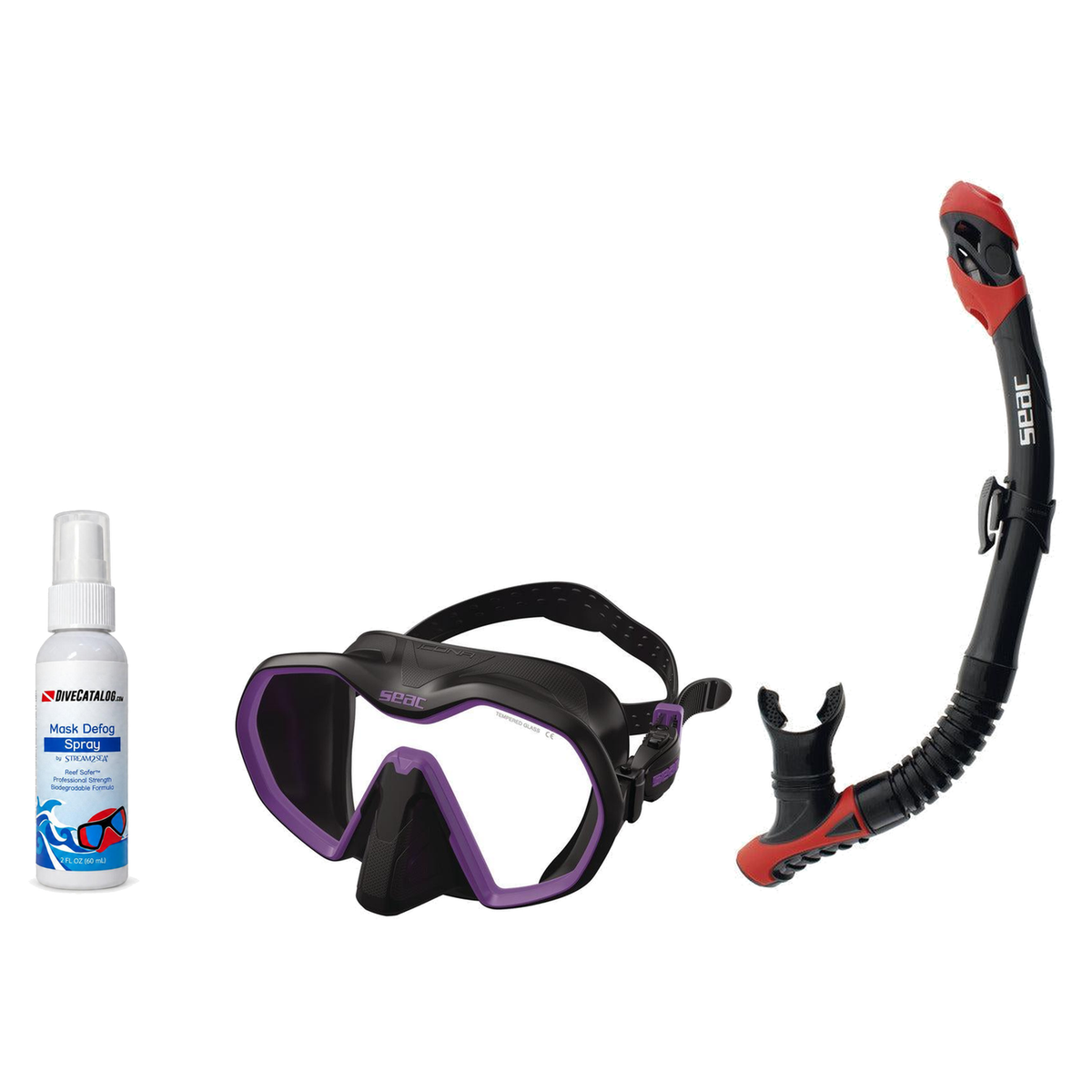 Seac Mask + Snorkel Package – Icona Mask + Reverse Dry Snorkel + Free Mask Defog Spray — Black/Lila, Seac Reverse Dry Snorkel