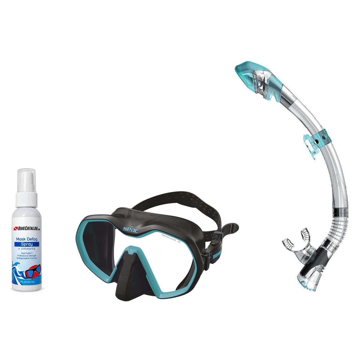 Seac Mask + Snorkel Package – Icona Mask + Reverse Dry Snorkel + Free Mask Defog Spray — Black/teal, Seac Fast Tech Dry Adul…