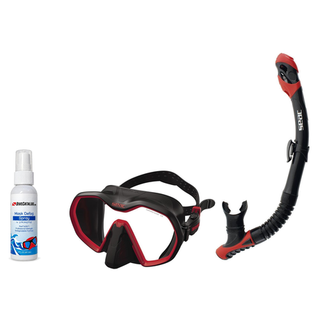 Seac Mask + Snorkel Package – Icona Mask + Reverse Dry Snorkel + Free Mask Defog Spray — Black/Red, Seac Reverse Dry Snorkel