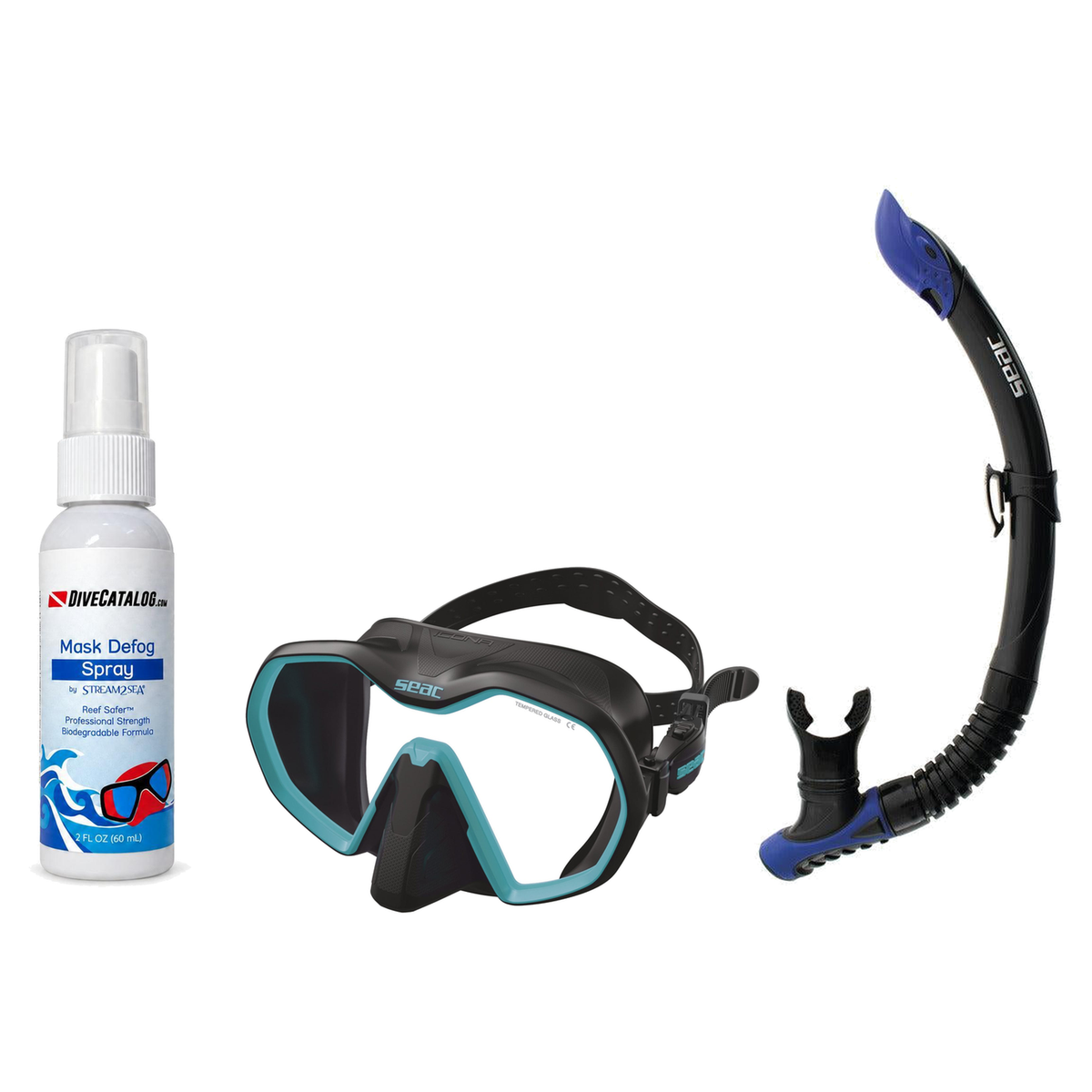 Seac Mask + Snorkel Package – Icona Mask + Reverse Dry Snorkel + Free Mask Defog Spray — Black/teal, Seac Reverse Snorkel An…