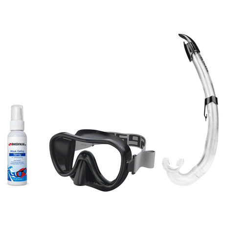 Seac Mask + Snorkel Package – Natua Mask + Tribe Dry Snorkel + Free Mask Defog Spray — Clear Black, Seac Flash Snorkel