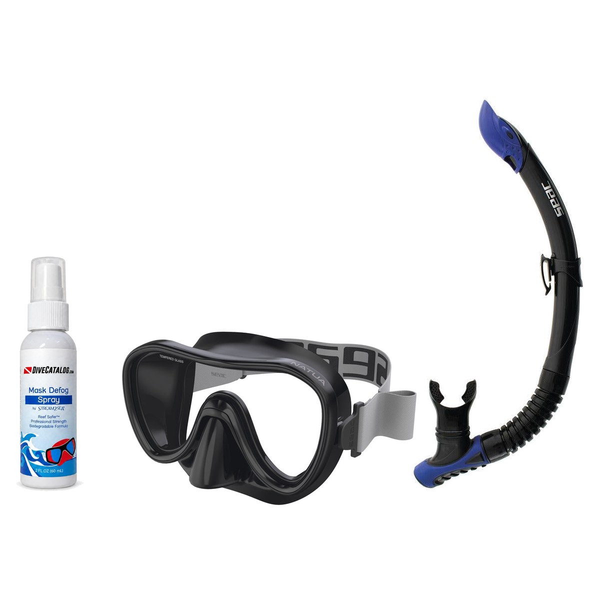 Seac Mask + Snorkel Package – Natua Mask + Tribe Dry Snorkel + Free Mask Defog Spray — Clear Black, Seac Reverse Snorkel Ant…