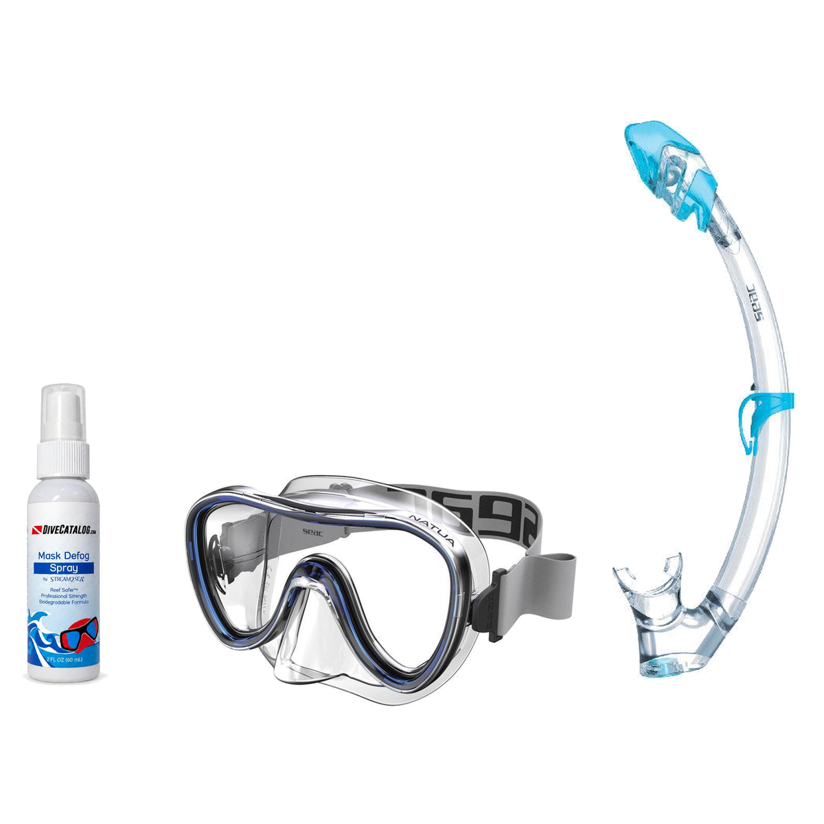 Seac Mask + Snorkel Package – Natua Mask + Tribe Dry Snorkel + Free Mask Defog Spray — Clear Blue, Seac Tribe Dry Scuba Divi…