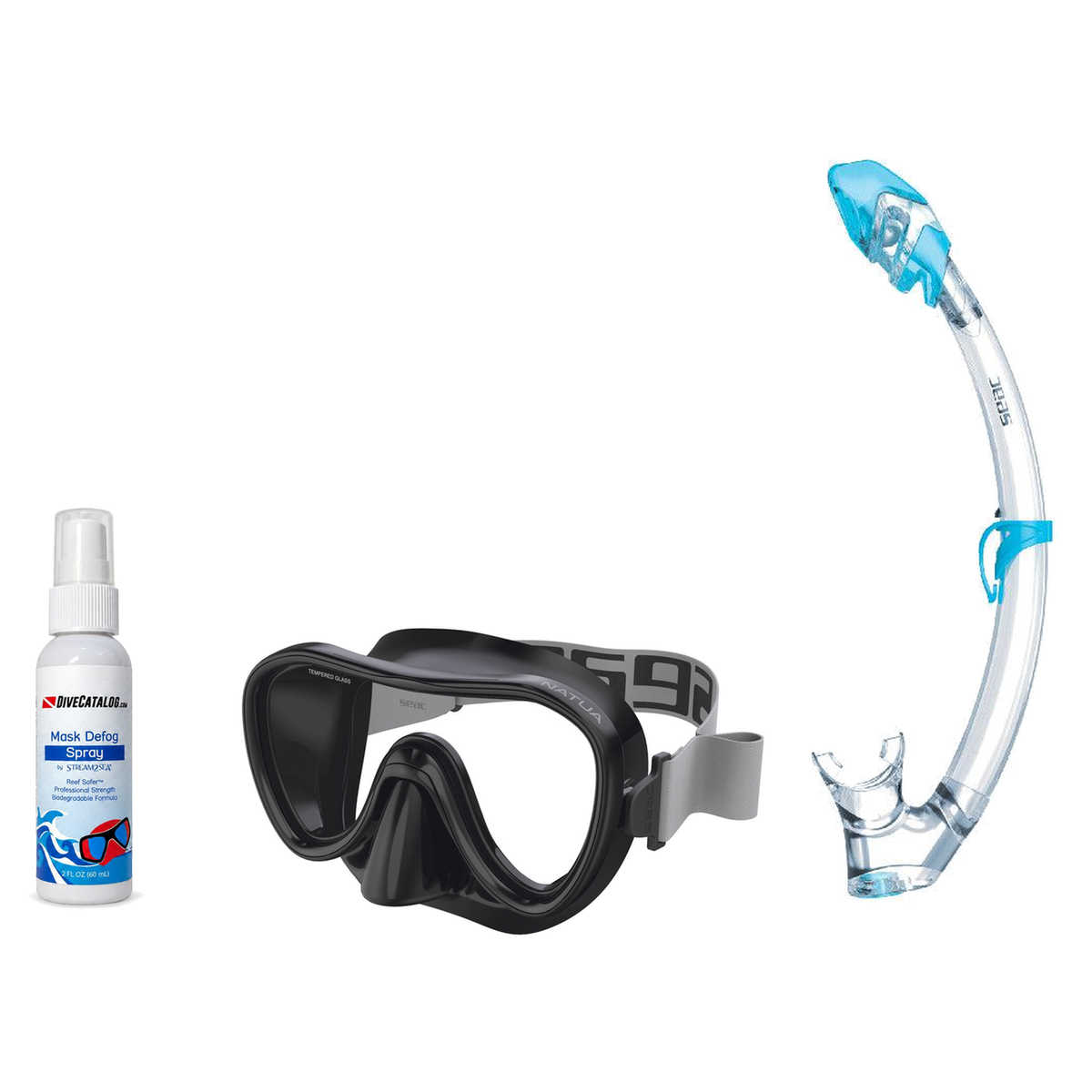 Seac Mask + Snorkel Package – Natua Mask + Tribe Dry Snorkel + Free Mask Defog Spray — Clear Black, Seac Tribe Dry Scuba Div…