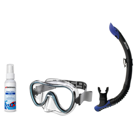 Seac Mask + Snorkel Package – Natua Mask + Tribe Dry Snorkel + Free Mask Defog Spray — Clear Aquamarine, Seac Reverse Snorke…