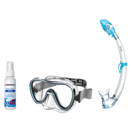 Seac Mask + Snorkel Package – Natua Mask + Tribe Dry Snorkel + Free Mask Defog Spray — Clear Aquamarine, Seac Tribe Dry Scub…