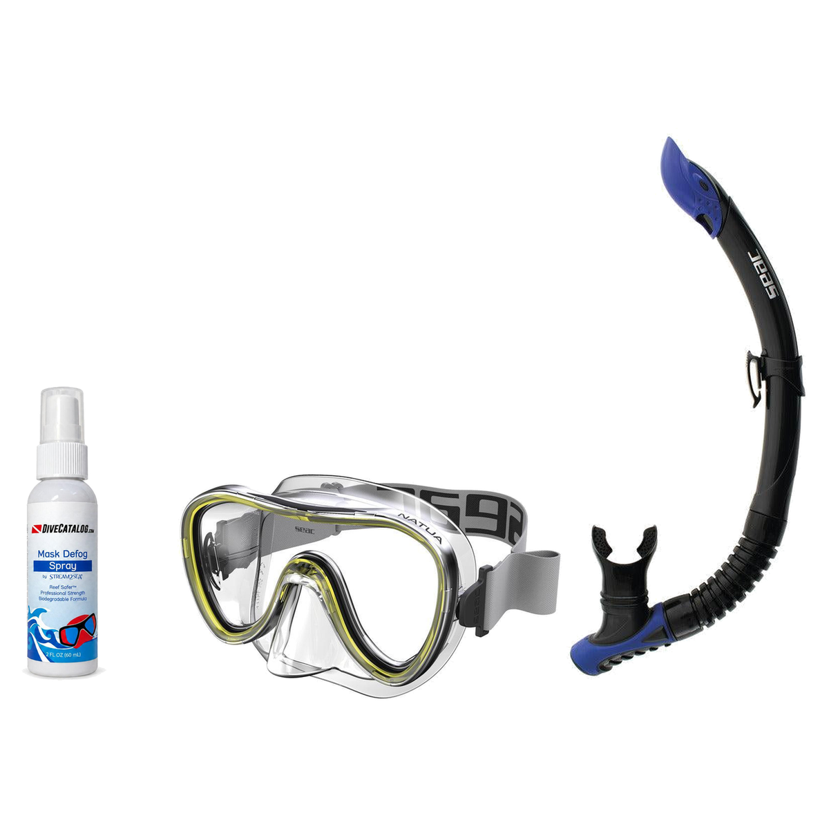 Seac Mask + Snorkel Package – Natua Mask + Tribe Dry Snorkel + Free Mask Defog Spray — Clear Yellow, Seac Reverse Snorkel An…