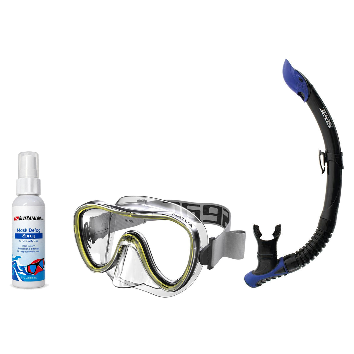 Seac Mask + Snorkel Package – Natua Mask + Tribe Dry Snorkel + Free Mask Defog Spray — Clear Yellow, Seac Reverse Snorkel An…