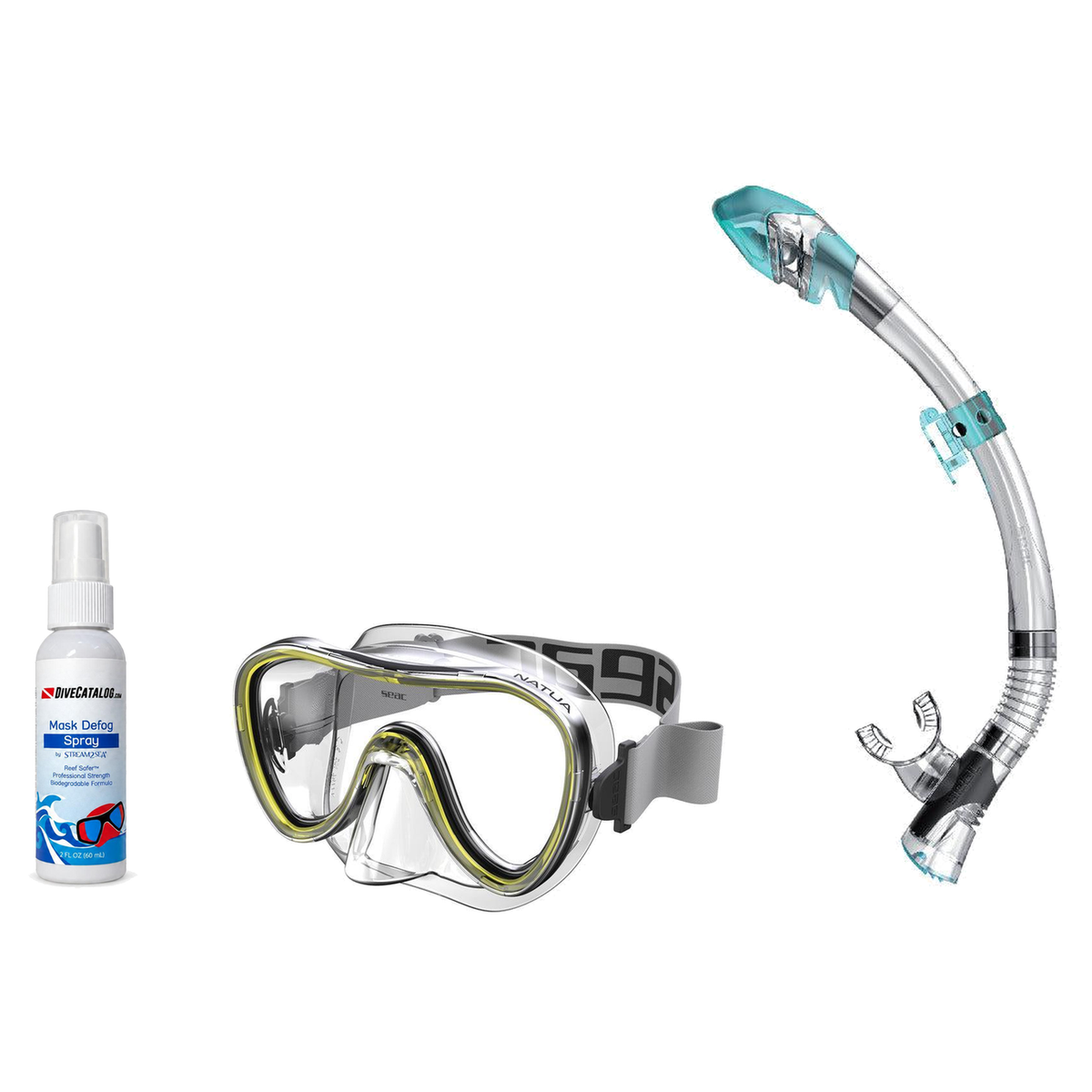 Seac Mask + Snorkel Package – Natua Mask + Tribe Dry Snorkel + Free Mask Defog Spray — Clear Yellow, Seac Fast Tech Dry Adul…