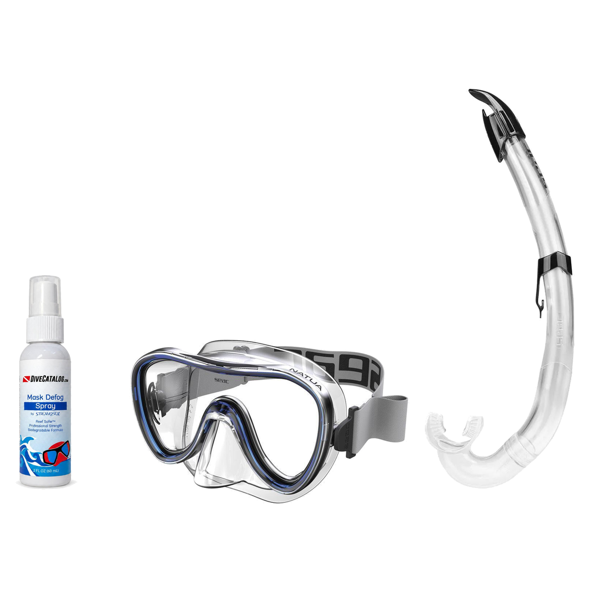 Seac Mask + Snorkel Package – Natua Mask + Tribe Dry Snorkel + Free Mask Defog Spray — Clear Blue, Seac Flash Snorkel