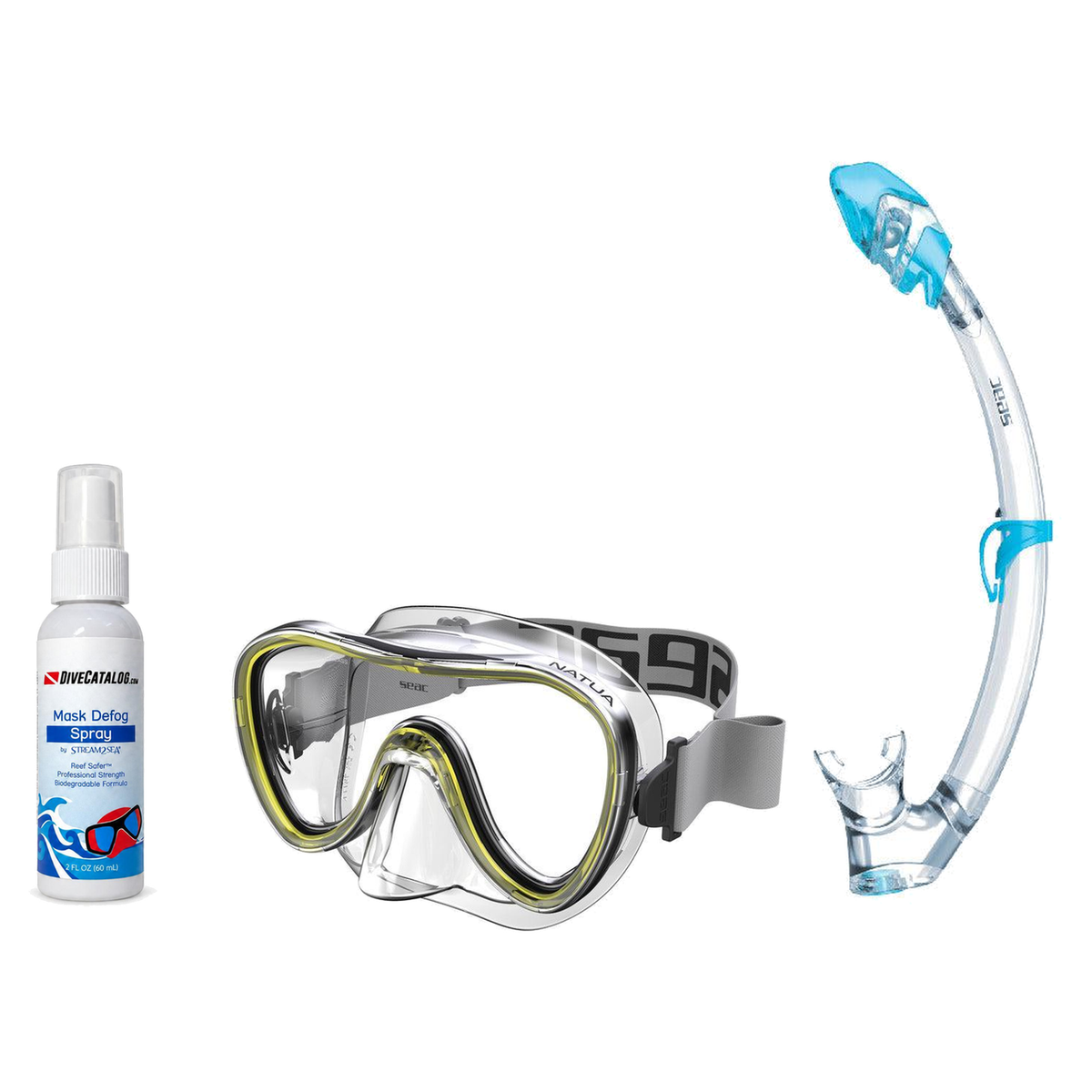 Seac Mask + Snorkel Package – Natua Mask + Tribe Dry Snorkel + Free Mask Defog Spray — Clear Yellow, Seac Tribe Dry Scuba Di…