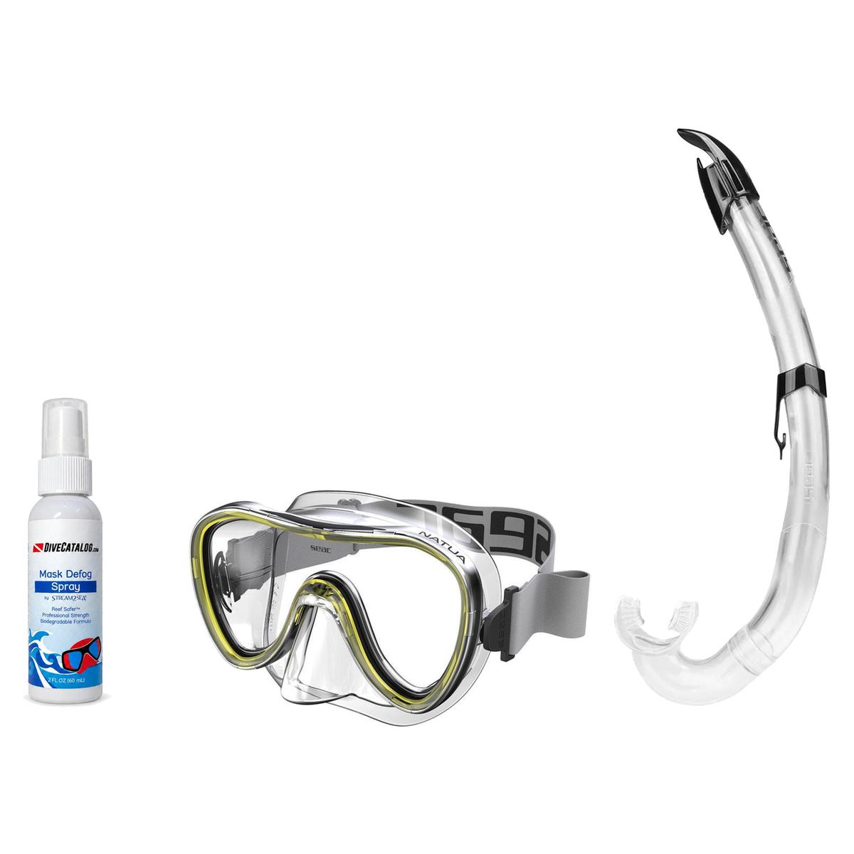 Seac Mask + Snorkel Package – Natua Mask + Tribe Dry Snorkel + Free Mask Defog Spray — Clear Yellow, Seac Flash Snorkel