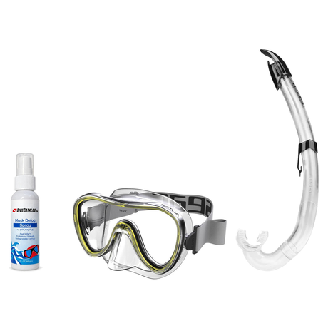 Seac Mask + Snorkel Package – Natua Mask + Tribe Dry Snorkel + Free Mask Defog Spray — Clear Yellow, Seac Flash Snorkel