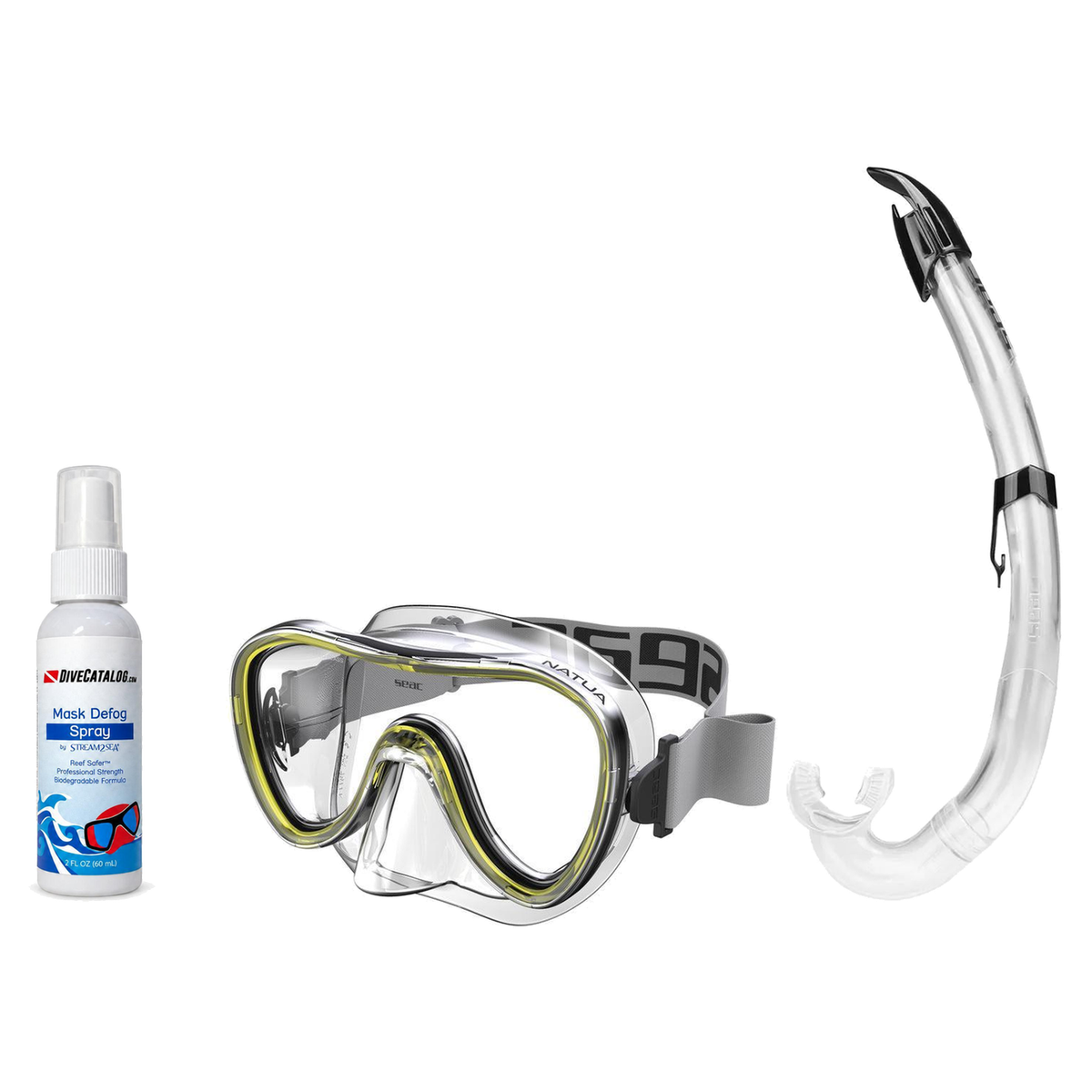 Seac Mask + Snorkel Package – Natua Mask + Tribe Dry Snorkel + Free Mask Defog Spray — Clear Yellow, Seac Flash Snorkel