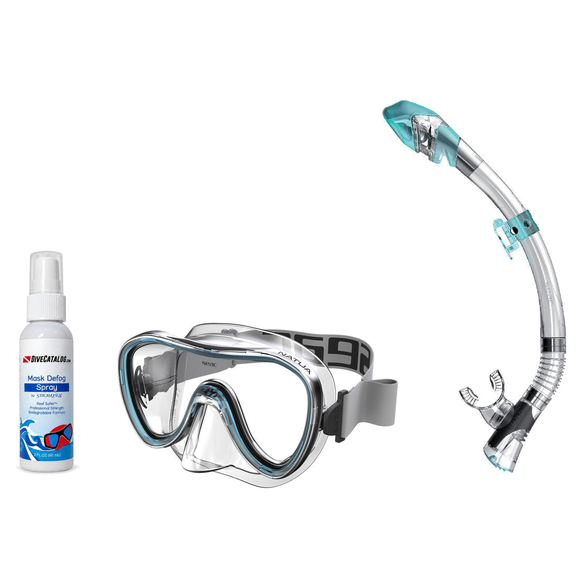 Seac Mask + Snorkel Package – Natua Mask + Tribe Dry Snorkel + Free Mask Defog Spray — Clear Aquamarine, Seac Fast Tech Dry…