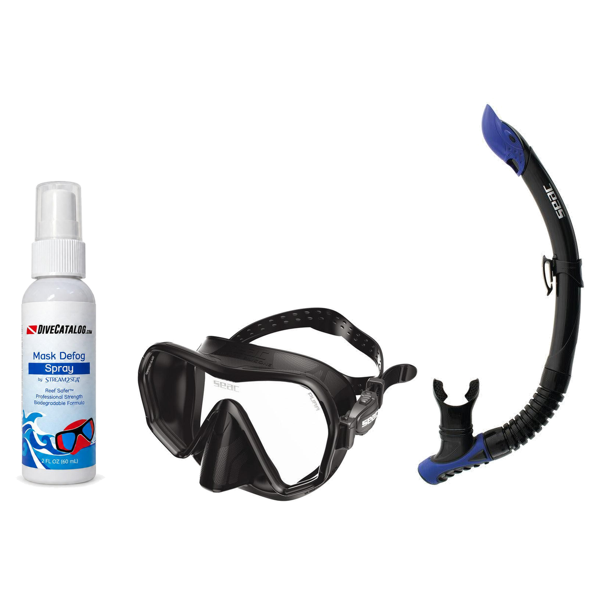 Seac Mask + Snorkel Package – Pura Anti-Fog Mask + Reverse Dry Snorkel + Free Mask Defog Spray — Black, Seac Reverse Snorkel…
