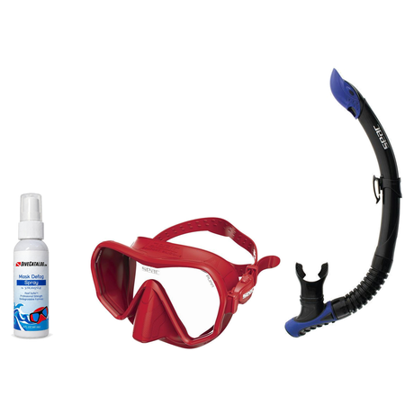 Seac Mask + Snorkel Package – Pura Anti-Fog Mask + Reverse Dry Snorkel + Free Mask Defog Spray — Red, Seac Reverse Snorkel A…