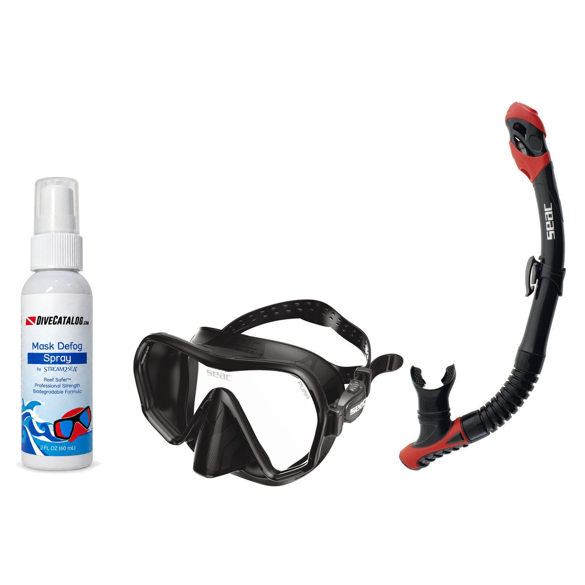Seac Mask + Snorkel Package – Pura Anti-Fog Mask + Reverse Dry Snorkel + Free Mask Defog Spray — Black, Seac Reverse Dry Sno…