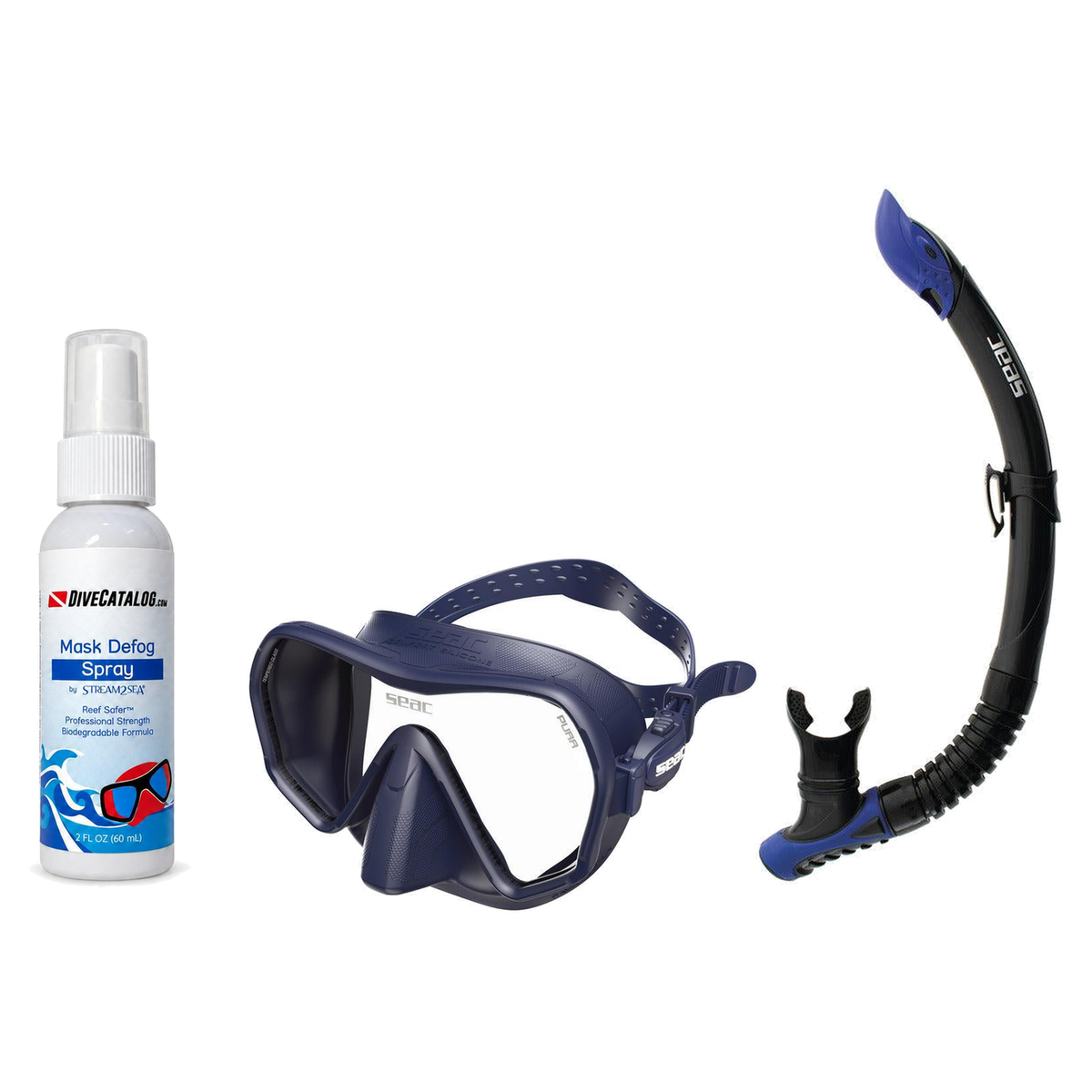 Seac Mask + Snorkel Package – Pura Anti-Fog Mask + Reverse Dry Snorkel + Free Mask Defog Spray — Blue, Seac Reverse Snorkel…